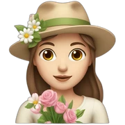 white skin, Girl with a hat, brown hair straight to the shoulders, holding a bouquet of flowers sticker