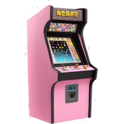 Arcade Machine Emoji "A pastel pink arcade machine with glowing buttons and screen, surrounded by floating sparkles and digital pixel effects." sticker