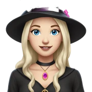 Witchy brunette haired blue eyed white girl with a witty smile a gold necklace and a black witch hat with a pink bow sticker