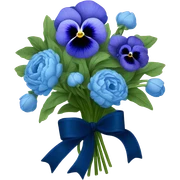 Bouquet composed of blue pansies, navy blue peonies tied with a blue ribbon and in the background navy blue butterflies and blue stars  sticker