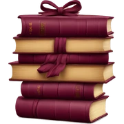 burgundy books stacked up and tied together by a burgundy bow sticker