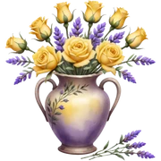 Watercolor painting of yellow roses and lavender in a vintage vase, with light brushstrokes visible sticker