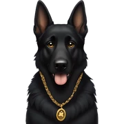A black German shepherd dog with a gold chain sticker
