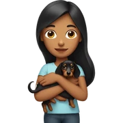 a girl with long dark hair and a dachshund in her hands sticker