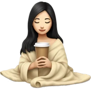 Asian girl inside a blanket sipping coffee eyes closed black hair sticker