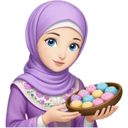 Turkish beautiful finish Konya girl blue eyes with lilac floral hijab islamic dress and had on her hand text Eid Mubarak with sweets and celebrating with her friends eid days   sticker