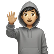 asian boy in grey hoodie waving sticker