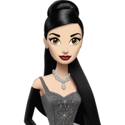 Audrey Hepburn as Sabrina Barbie.Morticia Addams. Show full body. Embroidered long black gown with accessories jewelry and gloves  sticker