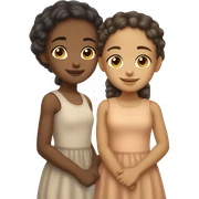 two light skin biracial girls leaning their heads against each others while looking at camera soft smiling sticker