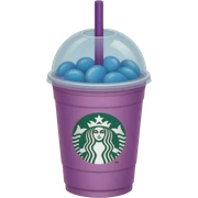 Starbucks with baby blue apple-flavored jelly beans and purple liquid, served in a purple cup that's almost baby pink with burnt yellow and a greenish-black tint, and a purple straw. sticker