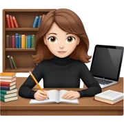 Thin white woman while working on a project at a desk with iPad and pencil and books brown hair in a white blanket while wearing a black turtleneck sweater with brown and long with soft waves hair and near to hazel color eyes  sticker
