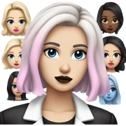 Slavic adult woman, goth eyes makeup, pink lips, blue eyes, medium bob black-to-blonde ombre wavy hair, white T-shirt and black office jacket. sticker