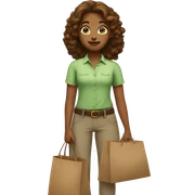 A girl in a light green shirt and pants, in her hands a brown bag sticker
