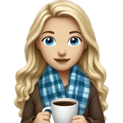 Dark blonde hair woman with blue eyes cozy plaid blanket with coffee sticker