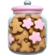 Realistic glass cookie jar with light pink lid full of gingerbread cookies isolated.  sticker