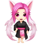 Full body female, succubus kitsune, neon pink eyes, vibrant pink hair, alabaster skin, fluffy black tails, pink tail tips, spiked choker, unique heritage, seductive charm, rebellious spirit, traditional kimonos, spiked anklets, and Barefoot 
 sticker