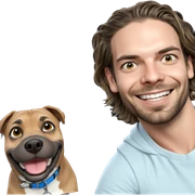 smiling boy with dog sticker