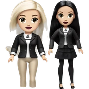   Hostess Wednesday Addams Barbie.  very light skin face. Black lipstick and eyeshadow. Earrings matching necklaces. Long silky raven hair.  Silk pajama separates black high heel.  sticker