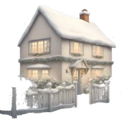 Shabby chic style English Christmas cottage with snow sticker
