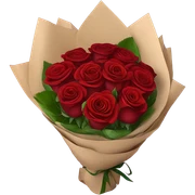Bouquet of red roses in a burgundy package sticker