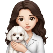una chica con el cabello marrón oscuro y semi ondulado largo con un perrito bichon maltes sticker