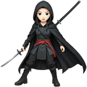 The character is a fierce, mysterious asian female warrior with long black hair in a braid. She wears a black hooded cloak, tactical black clothing, and black combat boots. She holds a katana in one hand. Her expression is confident and shadowed beneath the hood.  sticker
