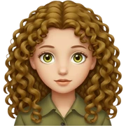 Menina de cabelo cacheado loiro escuro, longo, de olhos verdes oliva com um leve amarelo dentro sticker