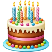 Colorful layer birthday cake with candy, bumble gums balls and sparkling candles sticker