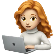 ginger girl with long hair and blue eyes in turtle neck white sweater working on a laptop sticker