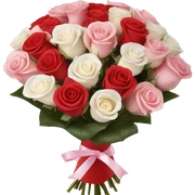 100 red, light pink, and white rose bouquet with light pink wrapping paper sticker