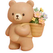 bear carrying a basket of wildflowers, soft pastel brown and cream, vinyl figure style sticker