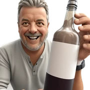 old man smiling with bottle sticker