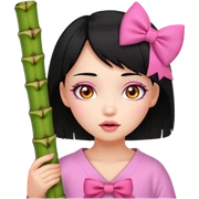 Girl with Black hair in the end orange, pink eyes, a Bamboo in the mouth and a Small pink bow on her hair sticker