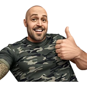 smiling muscular male in camouflage sticker