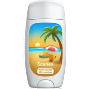 A Sunscreen bottle with a beach picture on the front sticker