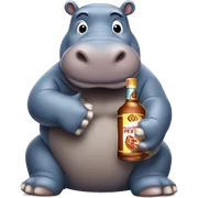 Hippo with malibu rum bottle in hands in classic iOS emoji style  sticker