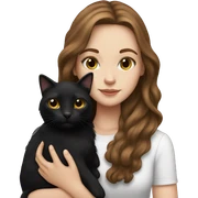 white girl with long brown hair holding fluffy black cat sticker