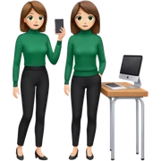 A thin white woman with brown Burnette hair and hazel beautiful eyes in a green turtleneck sweater and black pants looks like a business woman while studying with her 10 years old daughter  sticker