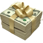 A neatly stacked pile of $100 bills cash tied with a cream-colored ribbon, labeled “UGC.” sticker