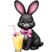 Cute Black rabbit, with big ears, wearing a pink bow, holding a pina colada sticker