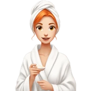 Girl putting cream on face bathroom red orange hair orange brown eyes beautiful face thick eyelashes pink lips gorgeous skinny fair skin white aesthetic tall girl doing skincare cozy robe hair in white towel sticker