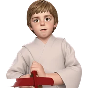 sword-wielding boy with ofuda sticker