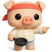 A Funko Pop-style pig chef pointing to the right, wearing a red bandana and holding a frying pan, cartoonish and cute. sticker