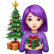 Girl, purple hair, Christmas tree on background with lights. And gift box on hand sticker