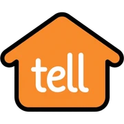 home with the text "tell", use #f06821 orange as the main color sticker
