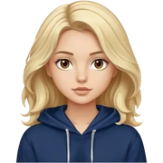 Luxury blonde model, brown eyes, soft sleek wavy hair, wearing a navy hoodie sticker