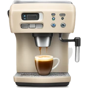 Light beige coffee machine with cup of coffee sticker