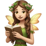 Female forest fairy, wings, pointed elf ears, long brown hair, reading, stack of books, vines, flowers sticker