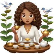 Light brown skin girl, long curly brown flat hair, gold jewelry, white dress, feeding birds with wooden tea ceremony tray with lotus flower sticker