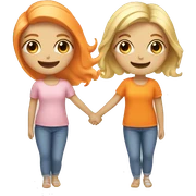 Two girls holding hands smiling one with blonde hair and one with orange haid sticker